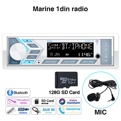 AKAMATE 1Din Boat Radio — Bluetooth Marine Media Stereo Player with AUX, USB, Remote Control, FM/AM for RV, ATV, UTV, SPA, RZR
