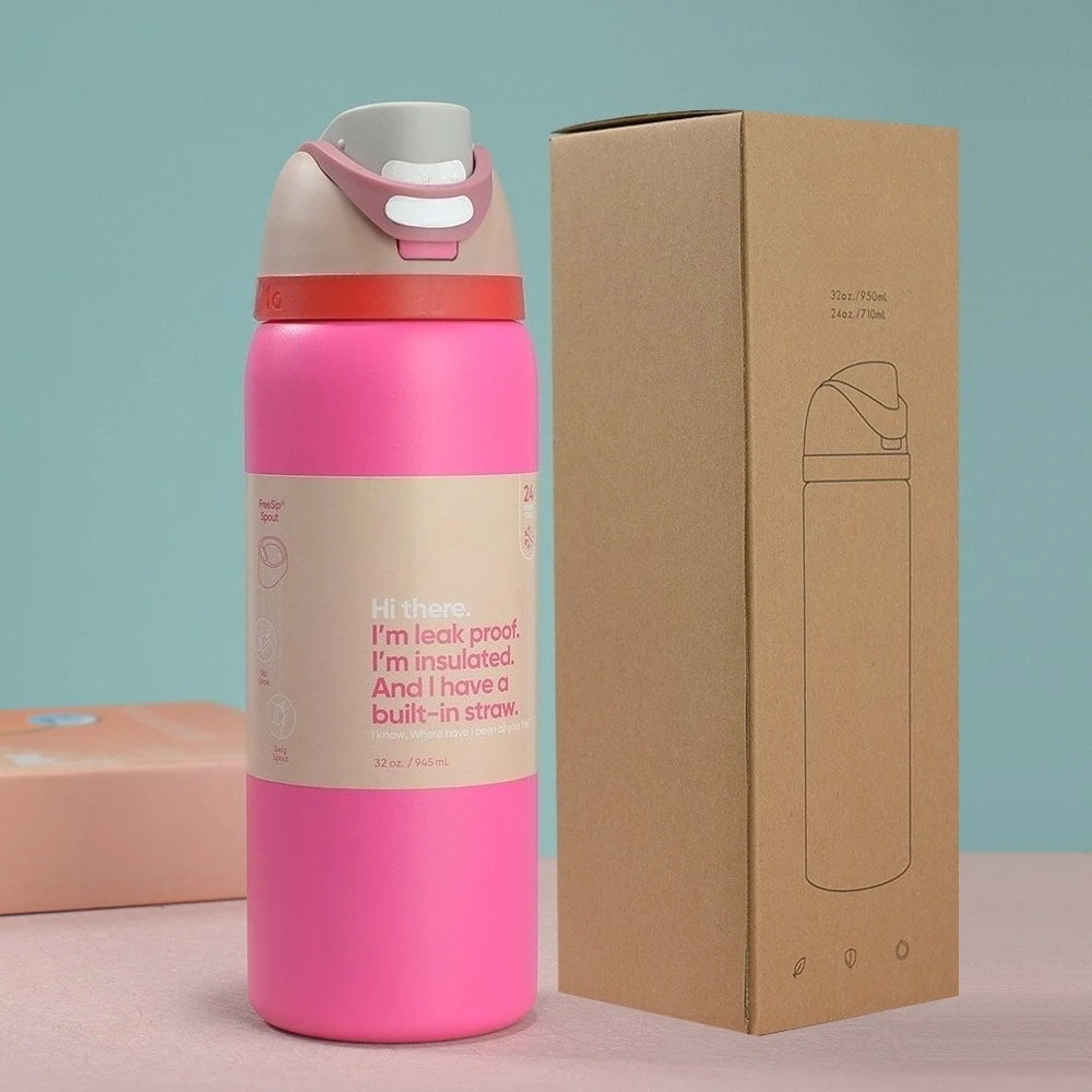 New Iced Water Bottle – Stainless Steel Thermos Cup with Straw for Cold Drinks, Iced Coffee & Sports, 24oz & 32oz for Kids