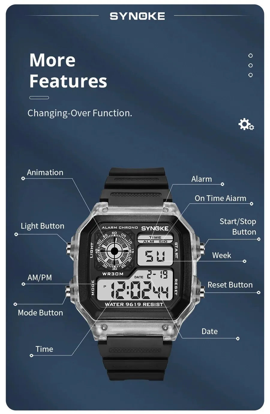 SYNOKE Digital Sports Watch for Men & Women – Luminous, Multifunction, Waterproof Wristwatch with Seven Lights for Outdoor & Running