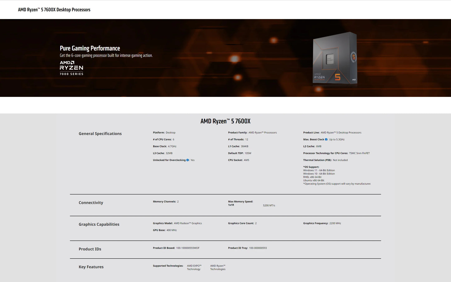 AMD Ryzen 5 7600X CPU - 6-Core, 12-Thread Gaming Processor, 5nm, 38MB Cache, Socket AM5 (No Fan)