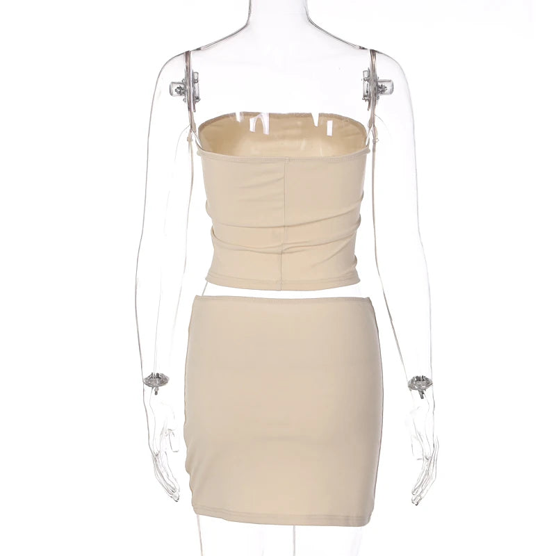 Hugcitar Solid Sleeveless Folds Tube Crop Top & Skirt Set – 2 Piece Summer Fashion Streetwear, Beach Clothing