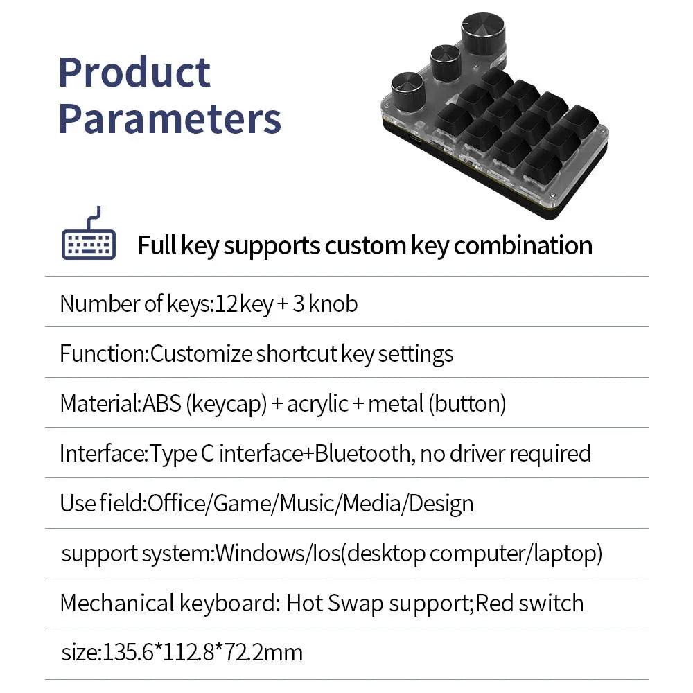 Bluetooth 12-Key RGB Macro Keyboard — 3 Knob Mechanical Hotswap Keypad for Photoshop & Gaming