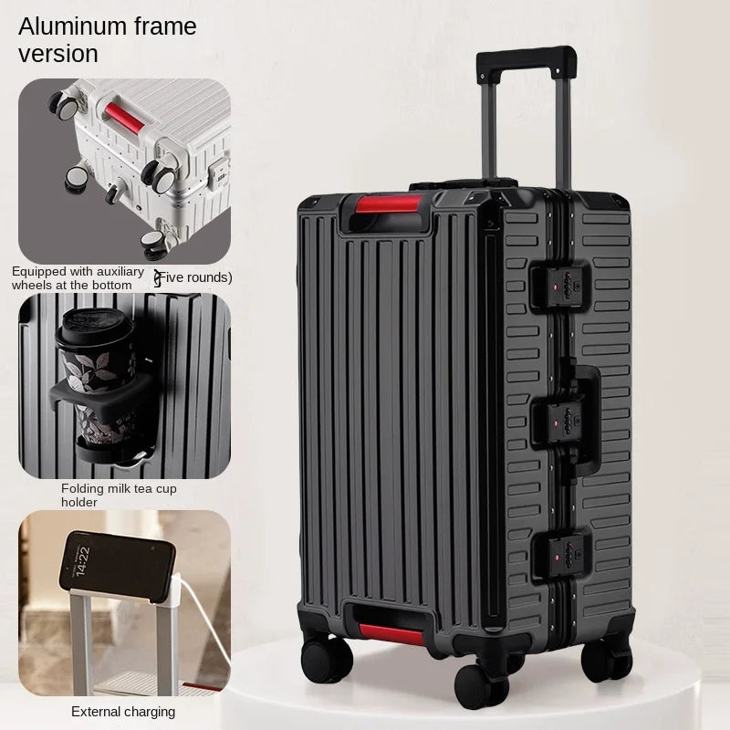 30-Inch Five-Wheel Aluminum Frame Suitcase — Multifunctional Cabin Luggage with Password Lock, USB Port & Cup Holder