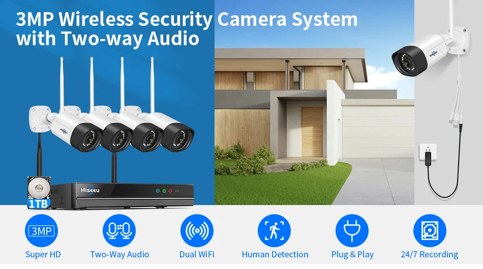 Hiseeu 10CH 5MP WiFi Security Camera System — H.265 NVR with Color Night Vision, Human Motion Detection & 2-Way Audio Outdoor Cameras
