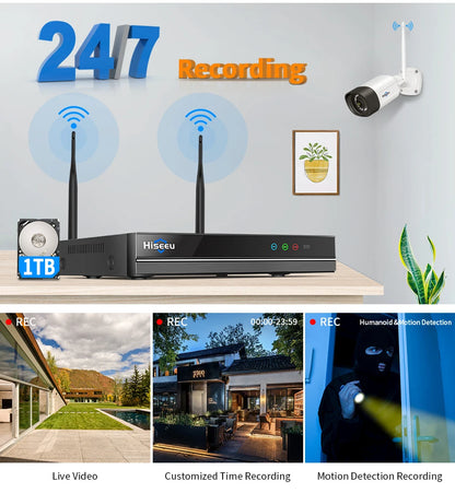 Hiseeu 10CH 5MP WiFi Security Camera System — H.265 NVR with Color Night Vision, Human Motion Detection & 2-Way Audio Outdoor Cameras