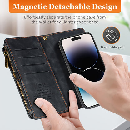 MEGSHI Faux Leather Wallet Phone Case for iPhone - Card Slots, Lanyard, Magnetic Detachable Cover, Zipper Pocket and Cash Slot