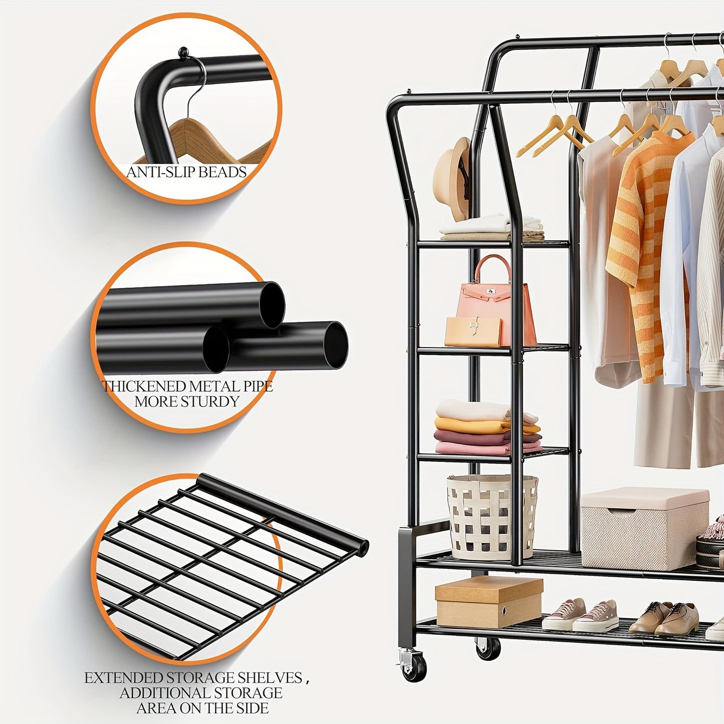 Heavy Duty Double Rod Clothes Rack – 255LBS Capacity, Metal Rolling Closet Rack with Wheels for Hanging Clothes, Laundry Storage Organization