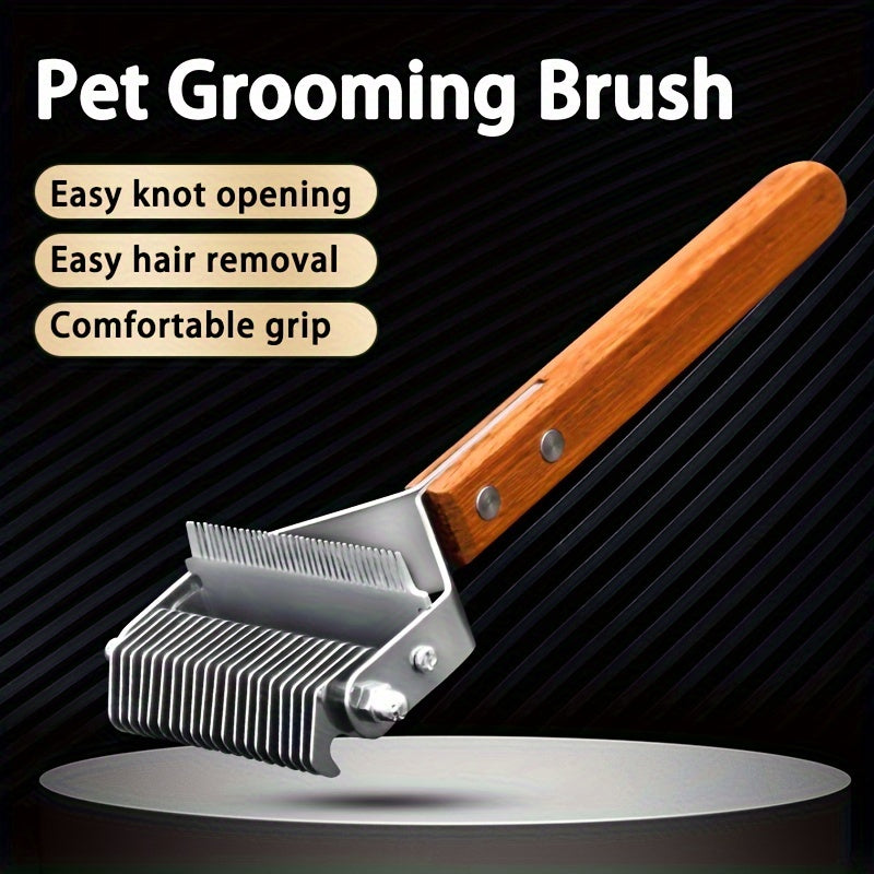 2 in 1 Pet Dematting Comb for Dogs & Cats - Stainless Steel Deshedding Brush with Wooden Handle, Removes Tangles & Loose Undercoat