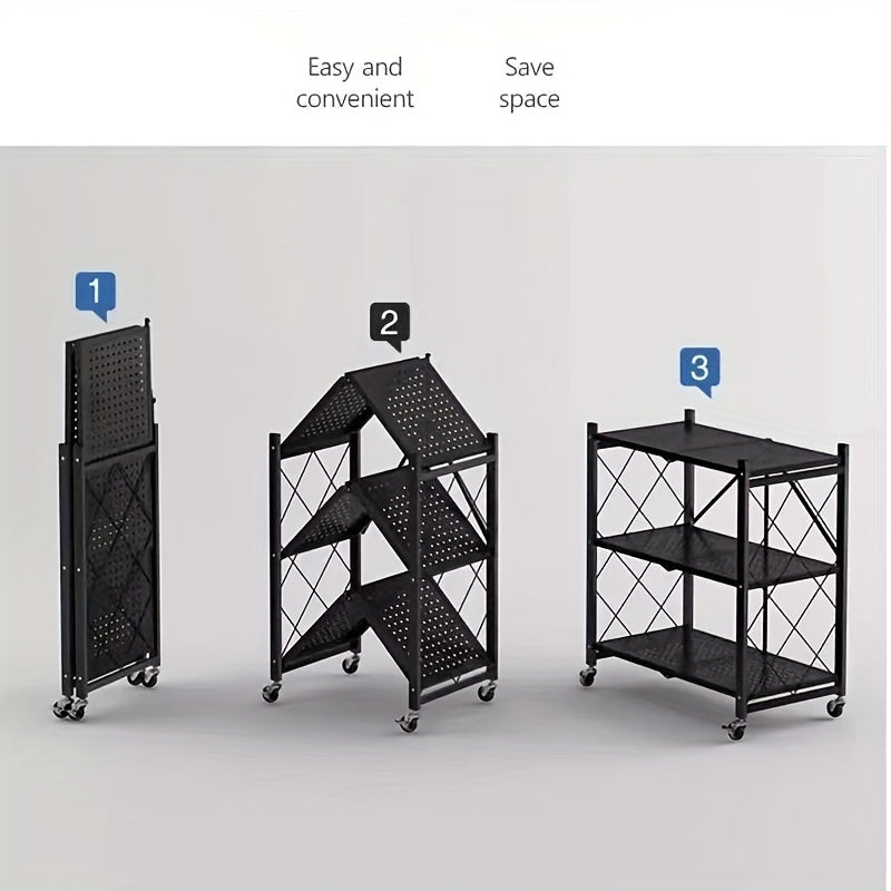 3 Tier Foldable Metal Storage Rack - Heavy Duty Organizer with Wheels for Garage & Kitchen, Easy Movement & Perfect Storage Solution