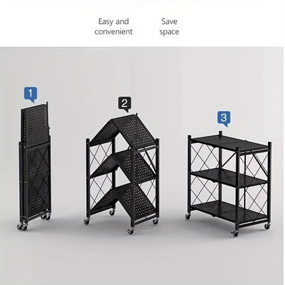 3 Tier Foldable Metal Storage Rack - Heavy Duty Organizer with Wheels for Garage & Kitchen, Easy Movement & Perfect Storage Solution