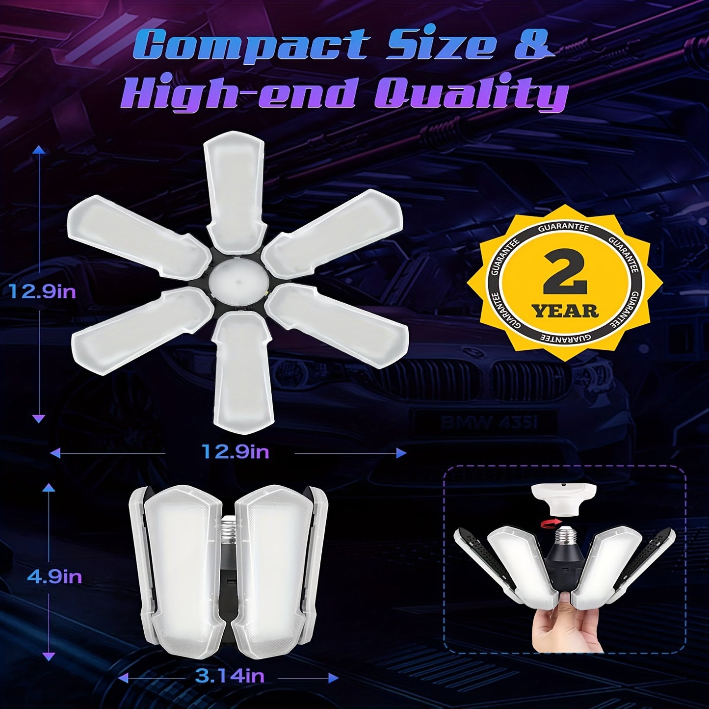 LED Garage Lights 1-Pack – Screw-In Light Bulb with 6+1 Adjustable Panels, 15000LM, 6500K – Deformable Ceiling LED Shop Light for Garage, Barn, Attic, Basement