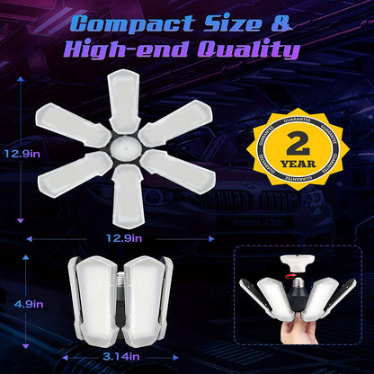 LED Garage Lights 1-Pack – Screw-In Light Bulb with 6+1 Adjustable Panels, 15000LM, 6500K – Deformable Ceiling LED Shop Light for Garage, Barn, Attic, Basement