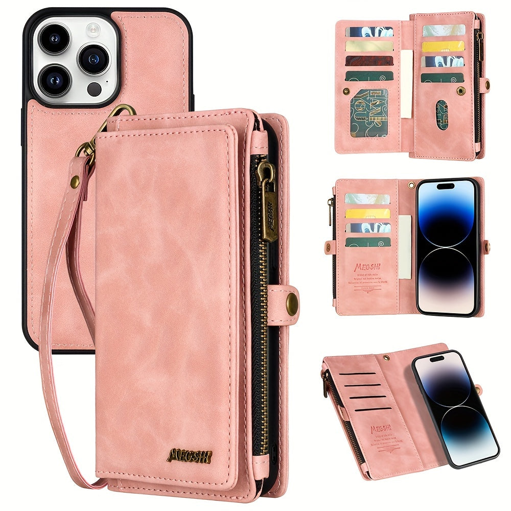 MEGSHI Faux Leather Wallet Phone Case for iPhone - Card Slots, Lanyard, Magnetic Detachable Cover, Zipper Pocket and Cash Slot