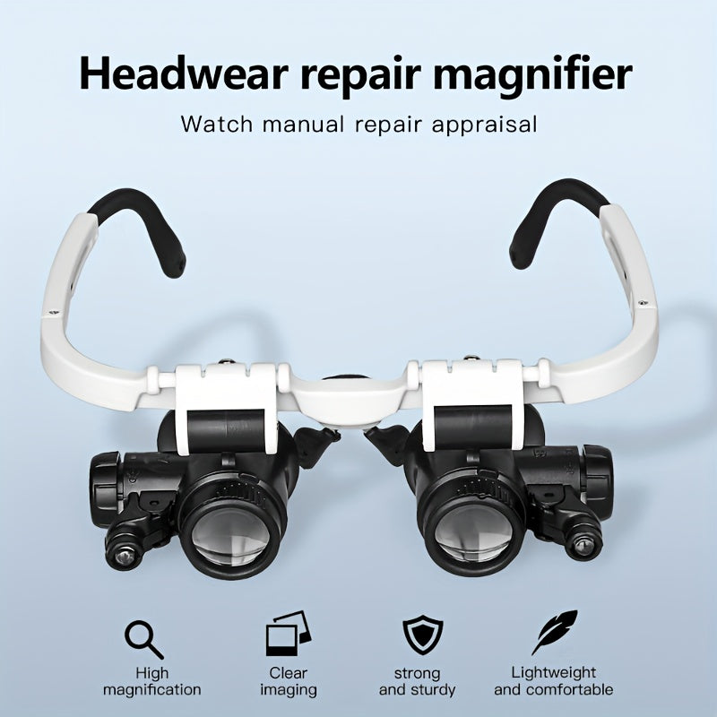 Head-Mounted Magnifier with 2 LED Lights - 10x, 15x, 20x, 25x Lenses for Close Work, Jewelry, Eyelash Extensions, Welding, Handmade & Cross-Stitch