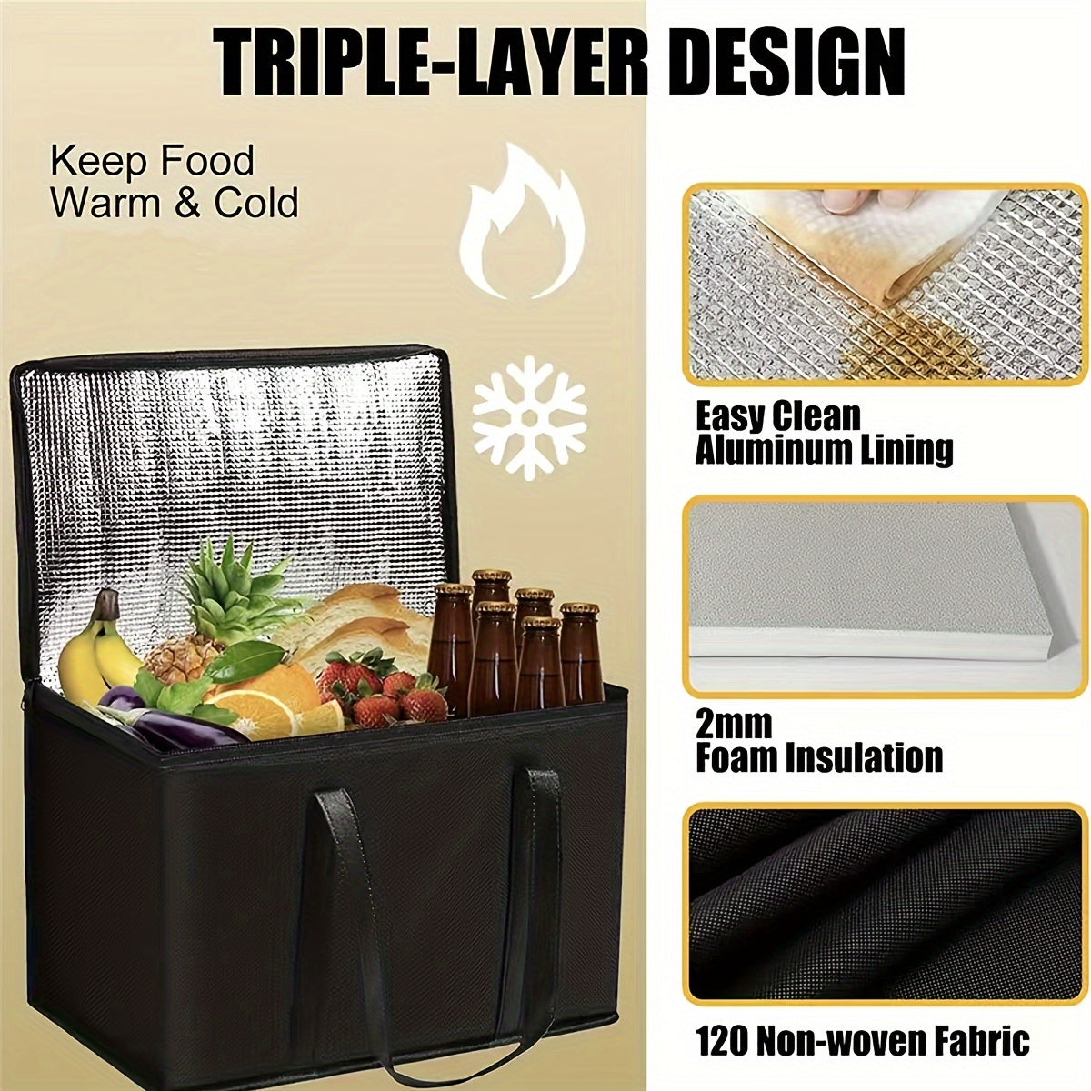 XL/Large Insulated Bag – Keeps Food Hot and Cold for Hours – Grocery Tote, Soft Cooler Bag, Pizza Warmer – Lightweight and Sturdy Zipper