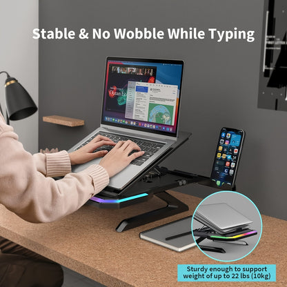 Height-Adjustable Laptop Stand with RGB Lighting and Dual Phone Holders – Compatible with MacBook, Surface, Samsung, Dell 10-17 Inch Laptops