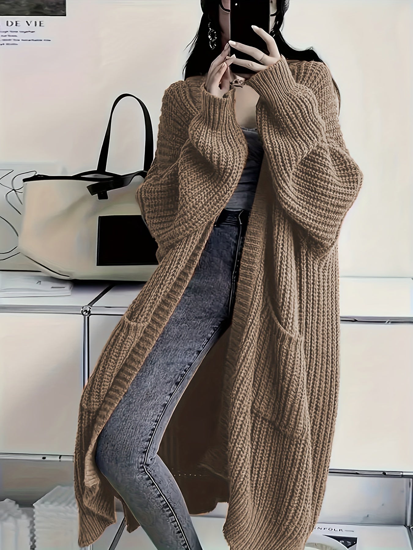 Plus Size Open Front Knit Cardigan - Long Sleeve, Casual Loose Fit with Pockets, Women's Clothing