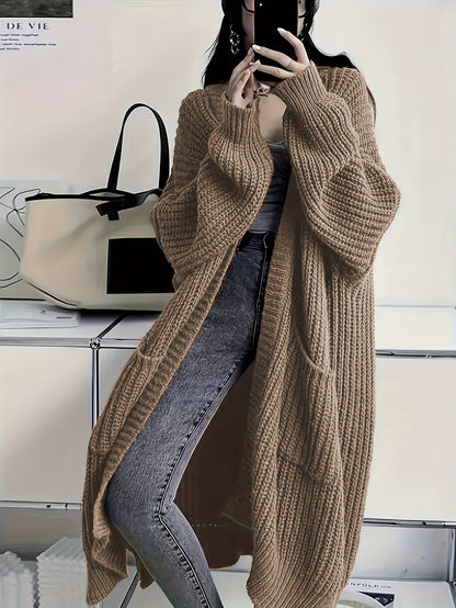 Plus Size Open Front Knit Cardigan - Long Sleeve, Casual Loose Fit with Pockets, Women's Clothing
