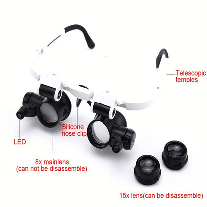 Head-Mounted Magnifier with 2 LED Lights - 10x, 15x, 20x, 25x Lenses for Close Work, Jewelry, Eyelash Extensions, Welding, Handmade & Cross-Stitch