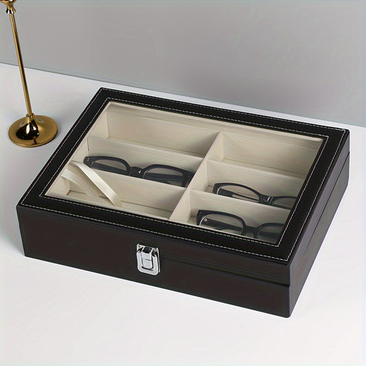 PU Leather Eyeglass Storage Box - Rectangular Organizer Case with Fabric Interior and Secure Closure for Glasses, Watches, and Jewelry