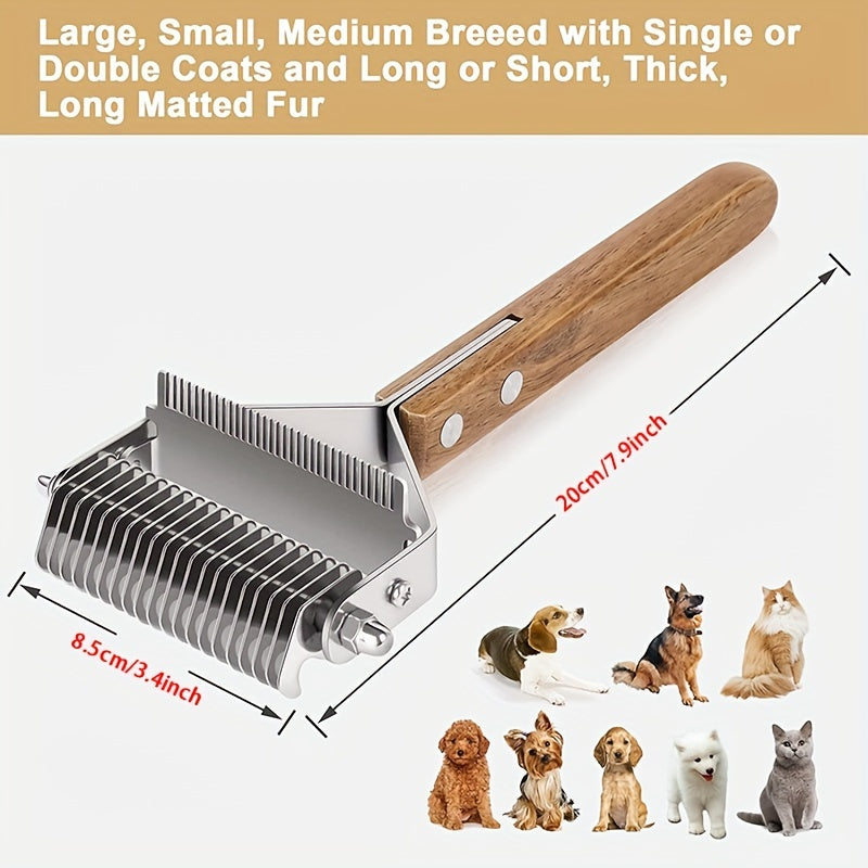 2 in 1 Pet Dematting Comb for Dogs & Cats - Stainless Steel Deshedding Brush with Wooden Handle, Removes Tangles & Loose Undercoat