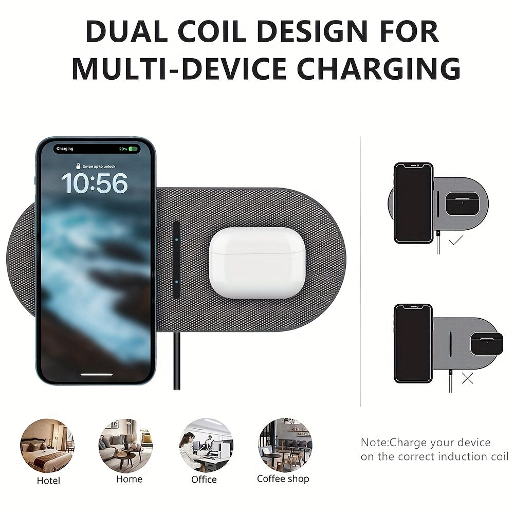 Dual Wireless Charger Pad 2 in 1 – Fast Charging Mat for iPhone 15/14/13/12/11, AirPods 3/2/Pro, Samsung Galaxy S23/S22/S21 & Note, Galaxy Buds