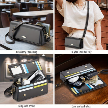 Crossbody Cell Phone Wallet for Women - RFID Blocking, Multi Card Slots, Detachable Wristlet and Shoulder Strap, Zipper Pocket