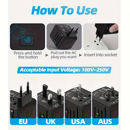 3 Port Universal Travel Adapter with Type-C and AC Socket – Compact Worldwide Plug for Charging Laptops, Phones, Tablets – Black, Safe, Reliable for International Travel