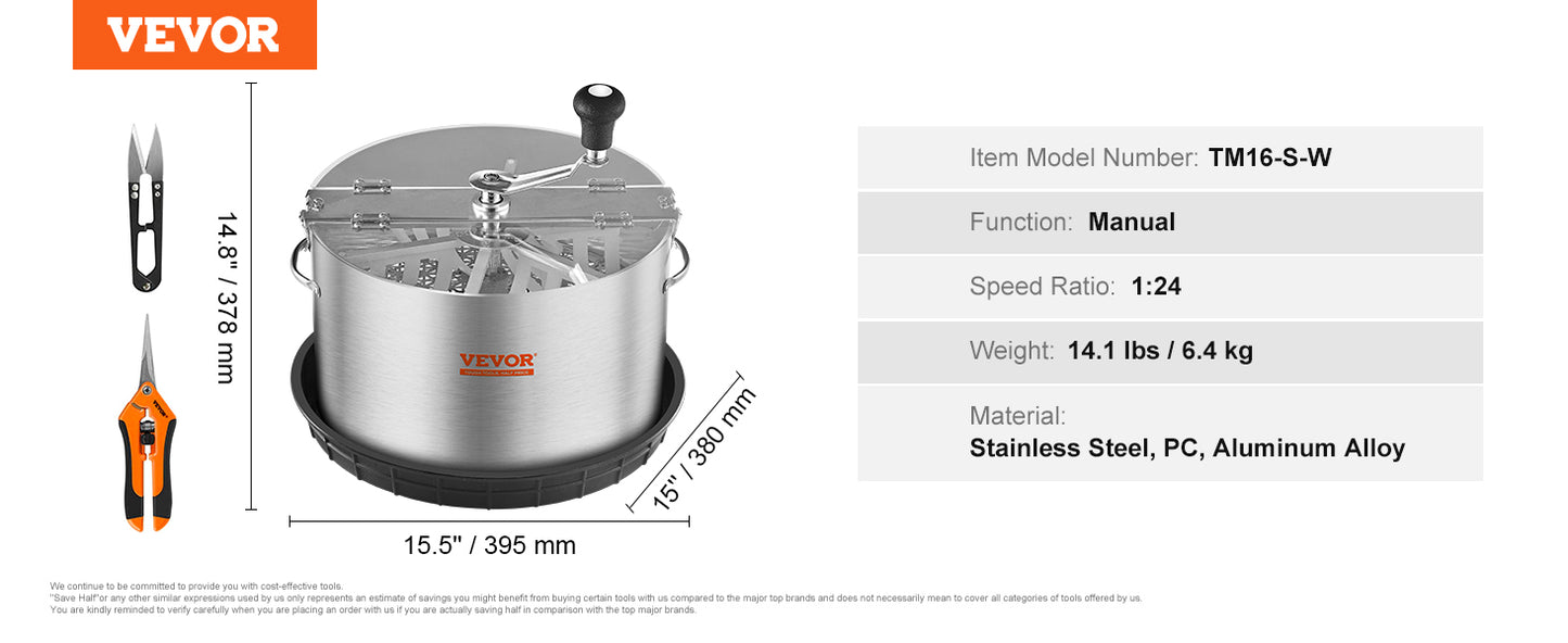 VEVOR 16/19/24 in Manual Leaf & Bud Bowl Trimmer — Stainless Steel Blades, Twist-Spin Cut, Clear Dome