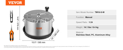 VEVOR 16/19/24 in Manual Leaf & Bud Bowl Trimmer — Stainless Steel Blades, Twist-Spin Cut, Clear Dome