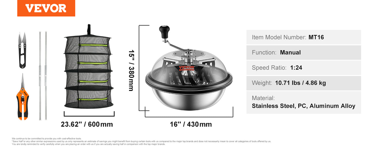 VEVOR 16/19/24 in Manual Leaf & Bud Bowl Trimmer — Stainless Steel Blades, Twist-Spin Cut, Clear Dome