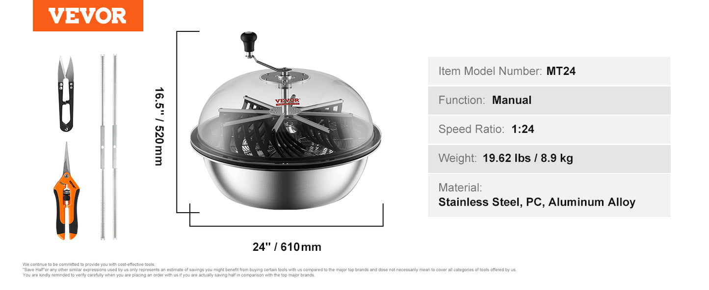 VEVOR 16/19/24 in Manual Leaf & Bud Bowl Trimmer — Stainless Steel Blades, Twist-Spin Cut, Clear Dome