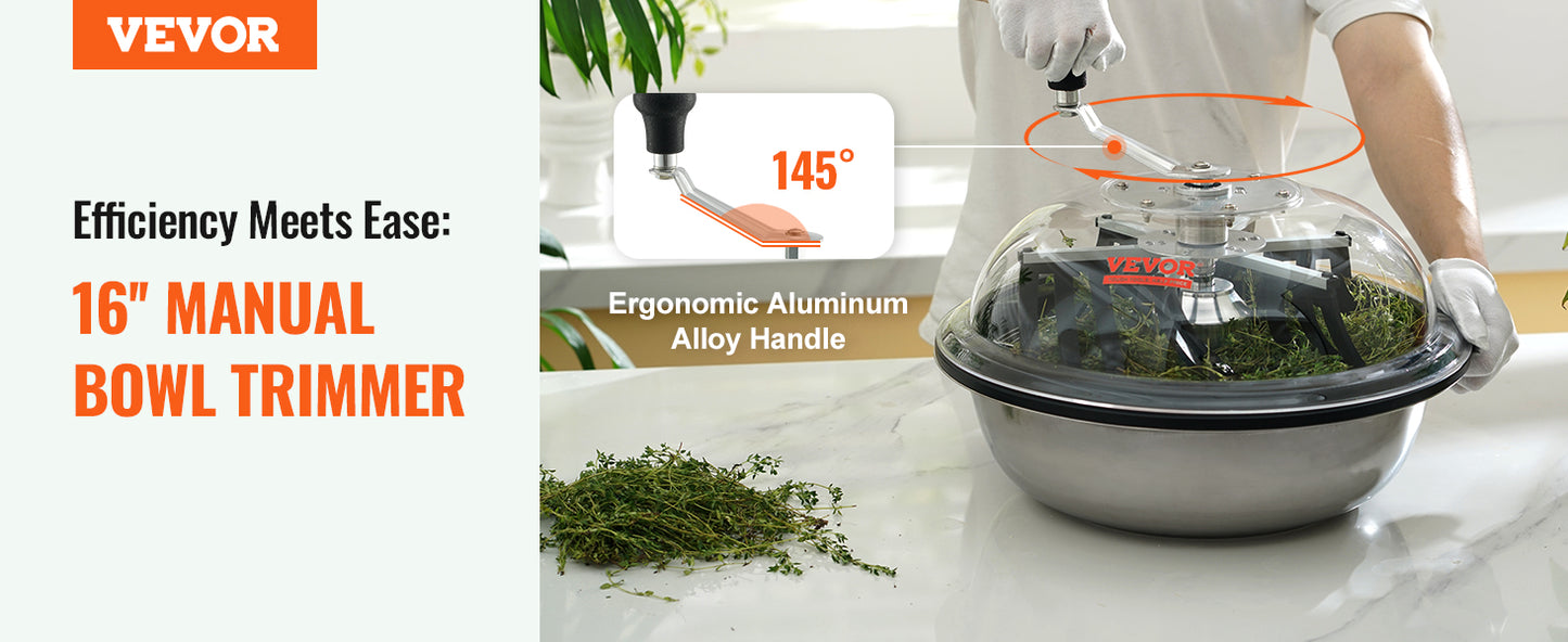 VEVOR 16/19/24 in Manual Leaf & Bud Bowl Trimmer — Stainless Steel Blades, Twist-Spin Cut, Clear Dome