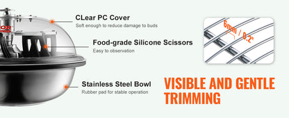 VEVOR 16/19/24 in Manual Leaf & Bud Bowl Trimmer — Stainless Steel Blades, Twist-Spin Cut, Clear Dome