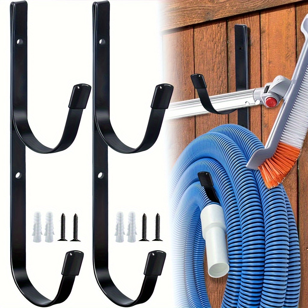 2-Pack Heavy-Duty Metal Pool Pole Hangers - Wall Mounted Hooks for Pool and Garden Tools, Includes Rakes, Skimmers, Nets, with Protective Rubber Caps