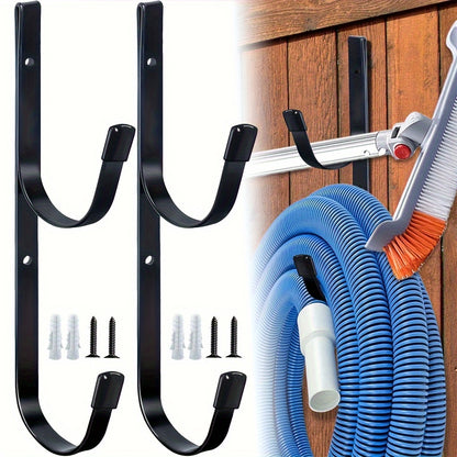 2-Pack Heavy-Duty Metal Pool Pole Hangers - Wall Mounted Hooks for Pool and Garden Tools, Includes Rakes, Skimmers, Nets, with Protective Rubber Caps