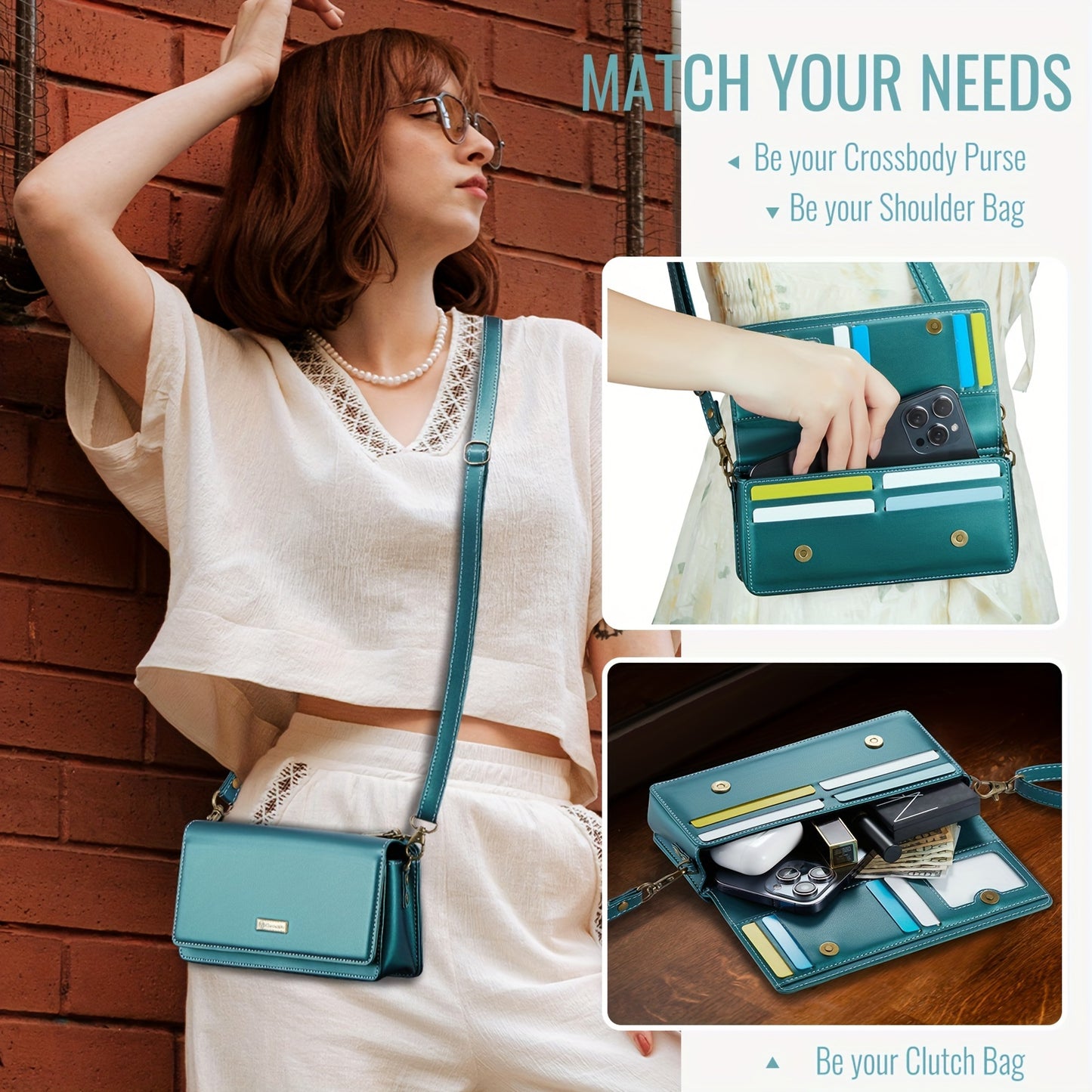 Crossbody Cell Phone Wallet for Women - RFID Blocking, Multi Card Slots, Detachable Wristlet and Shoulder Strap, Zipper Pocket