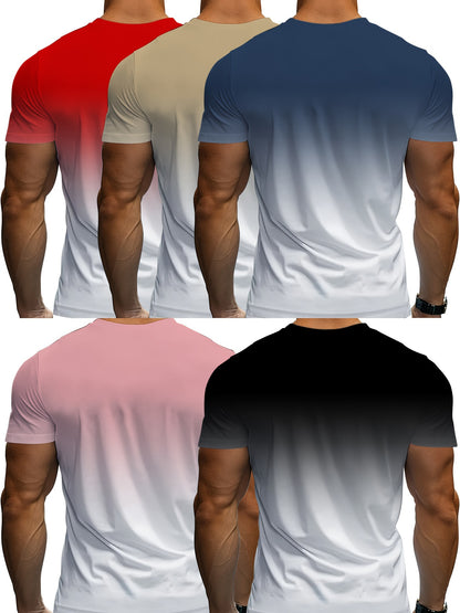 5PCS Men's Athletic T-Shirts – Gradient Cool 3D Print Quick-Dry Short Sleeve Gym Tees, Sports Tops