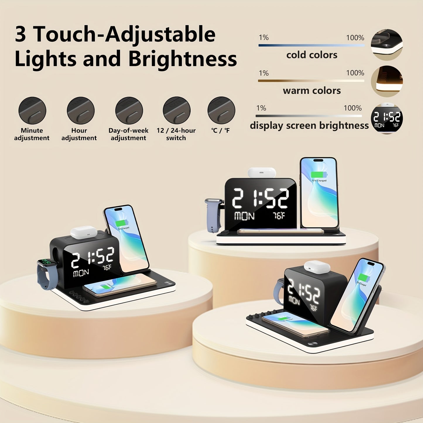 7 in 1 Dual Phone Wireless Charging Station with Night Light – Phone Holder, Time Sync, Week & Temperature Display, 30W Adapter for iPhone, AirPods, and iWatch, Fast Charging Dock with USB-C and USB-A Output
