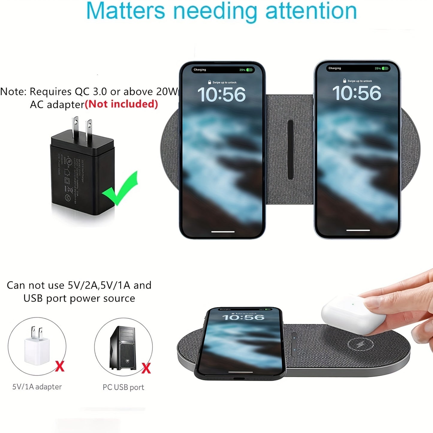 Dual Wireless Charger Pad 2 in 1 – Fast Charging Mat for iPhone 15/14/13/12/11, AirPods 3/2/Pro, Samsung Galaxy S23/S22/S21 & Note, Galaxy Buds