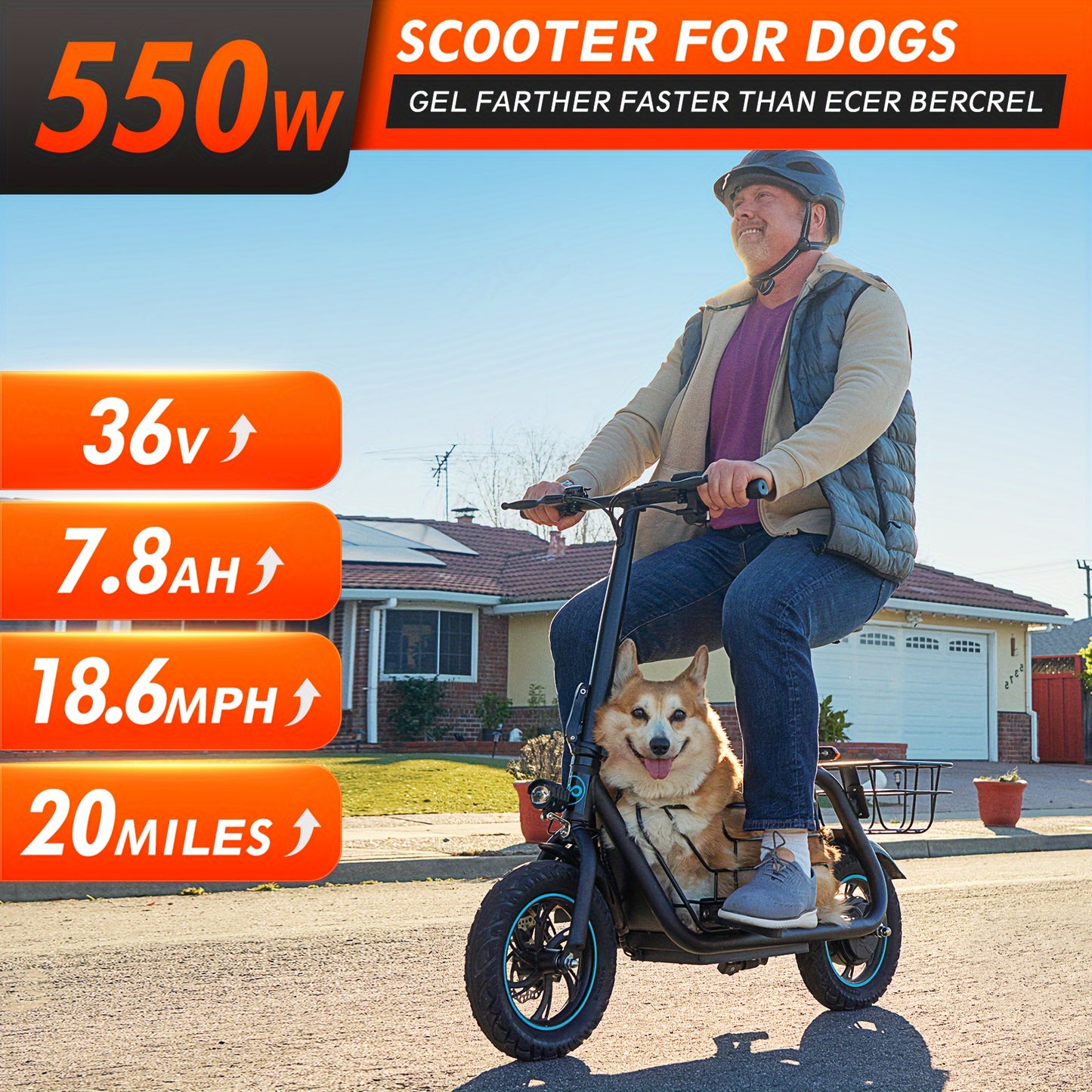 550W Electric Scooter with Basket for Dogs – 20-Mile Range, 18.6MPH Speed – Ample Storage for Pets and Cargo