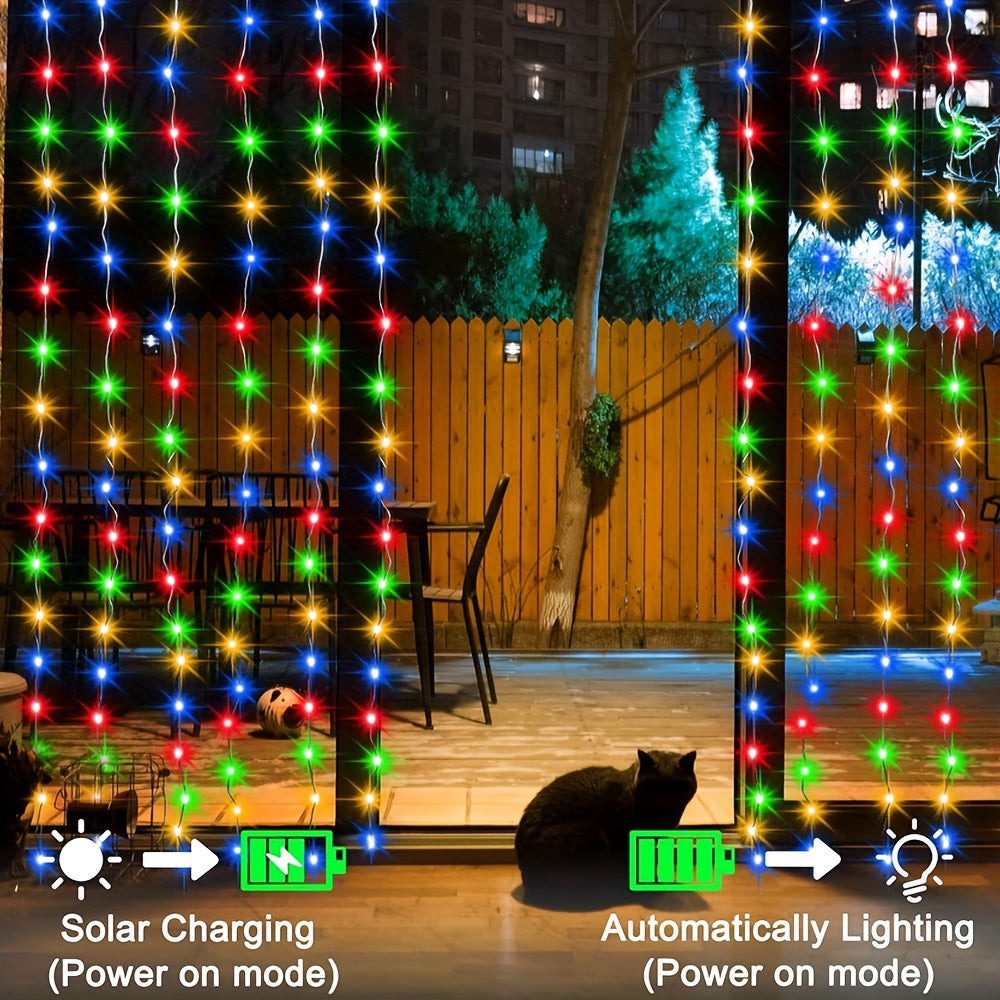 1 Pack LED Solar Curtain String Lights – 100/200/300 Lights, 8 Lighting Modes – Outdoor Decoration for Christmas, Weddings, Patios, Gardens ( Colorful/Warm White/White )