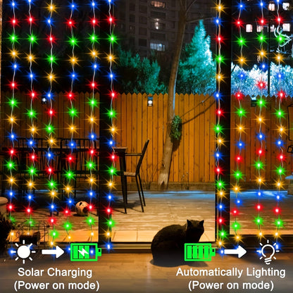 1 Pack LED Solar Curtain String Lights – 100/200/300 Lights, 8 Lighting Modes – Outdoor Decoration for Christmas, Weddings, Patios, Gardens ( Colorful/Warm White/White )