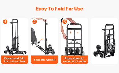 VEVOR 460 lbs Stair Climbing Folding Hand Truck – 6-Wheel Dolly with Handle & Elastic Ropes for Shopping, Moving, Warehouse