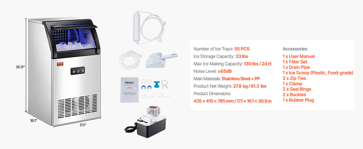 VEVOR Commercial Ice Maker – 100LB/24H, 45 Ice Cubes in 12-15 Mins, Freestanding with LED Display