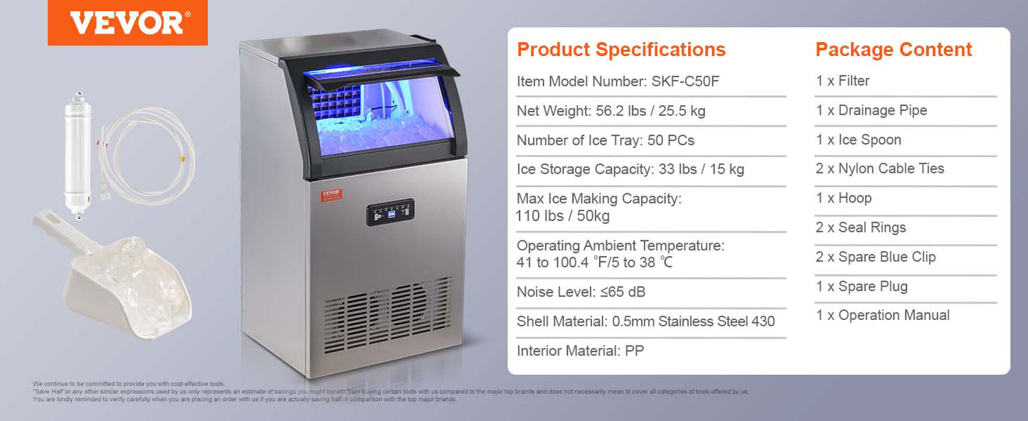 VEVOR Commercial Ice Maker – 100LB/24H, 45 Ice Cubes in 12-15 Mins, Freestanding with LED Display
