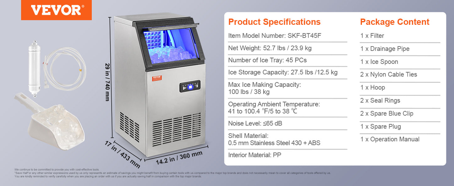VEVOR Commercial Ice Maker – 100LB/24H, 45 Ice Cubes in 12-15 Mins, Freestanding with LED Display