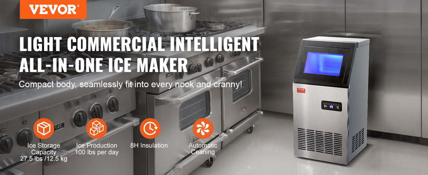 VEVOR Commercial Ice Maker – 100LB/24H, 45 Ice Cubes in 12-15 Mins, Freestanding with LED Display