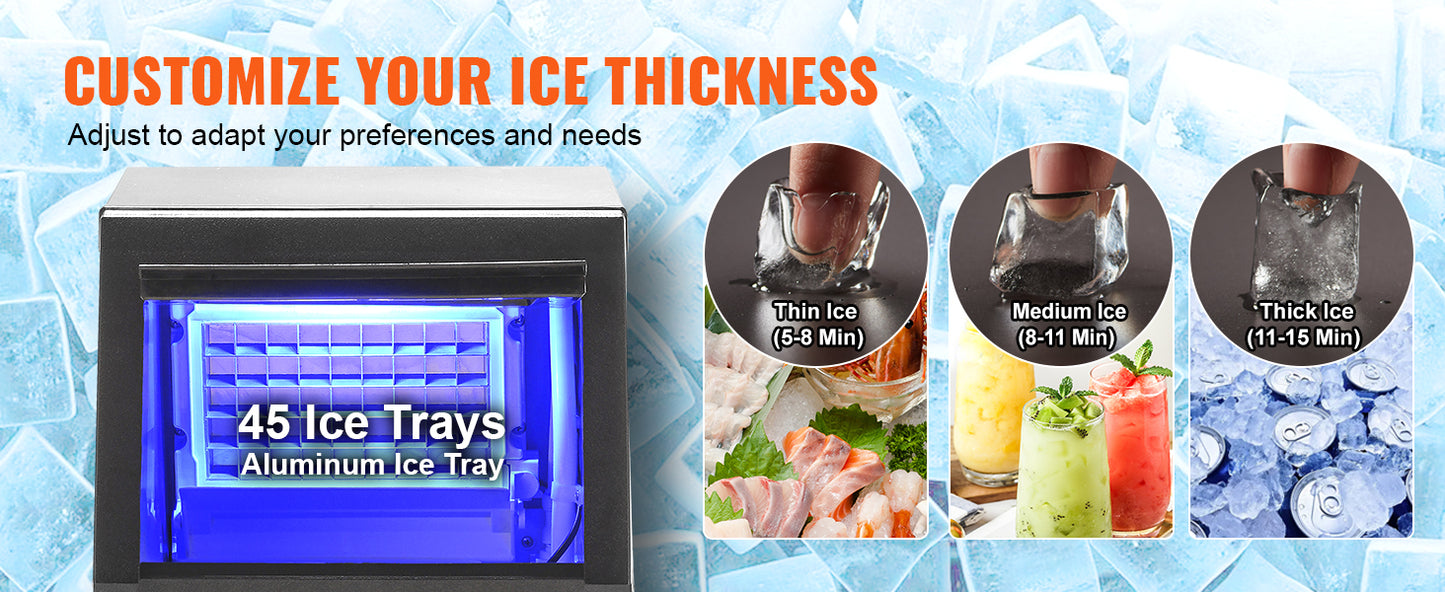 VEVOR Commercial Ice Maker – 100LB/24H, 45 Ice Cubes in 12-15 Mins, Freestanding with LED Display