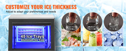 VEVOR Commercial Ice Maker – 100LB/24H, 45 Ice Cubes in 12-15 Mins, Freestanding with LED Display
